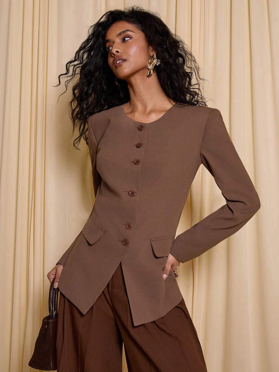 SHEIN Unity Women Plain Front Button Long Sleeve Pocket Simple Casual Jacket - Brown - View 1