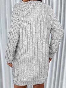 Plus Ribbed Knitted Pocket Sweater Dress Women Casual Winter Spring - Grey - View 2