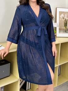 Sexy Sheer Lace Plus Size Women Long Sleeve Robe - Navy Blue - View 6