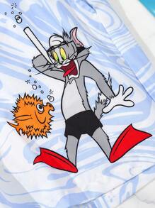 TOM & JERRY X SHEIN Shorts de plage pour hommes avec cordon de serrage à la taille et motif graphique de dessin animé