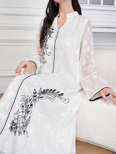 Al Najma 女式花卉印花 V 领长袖阿拉伯连衣裙，朴素全长连衣裙