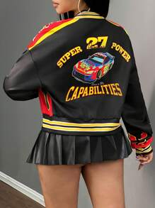 Slaydiva 秋冬新款休闲街头棒球服短款宽松机车火焰印花女士外套 - 黑色 - 查看 2