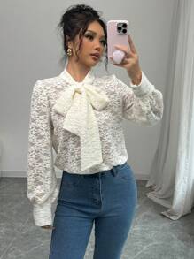 Chiquease 法式优雅纯色蕾丝蝴蝶结长袖女式衬衫，秋冬