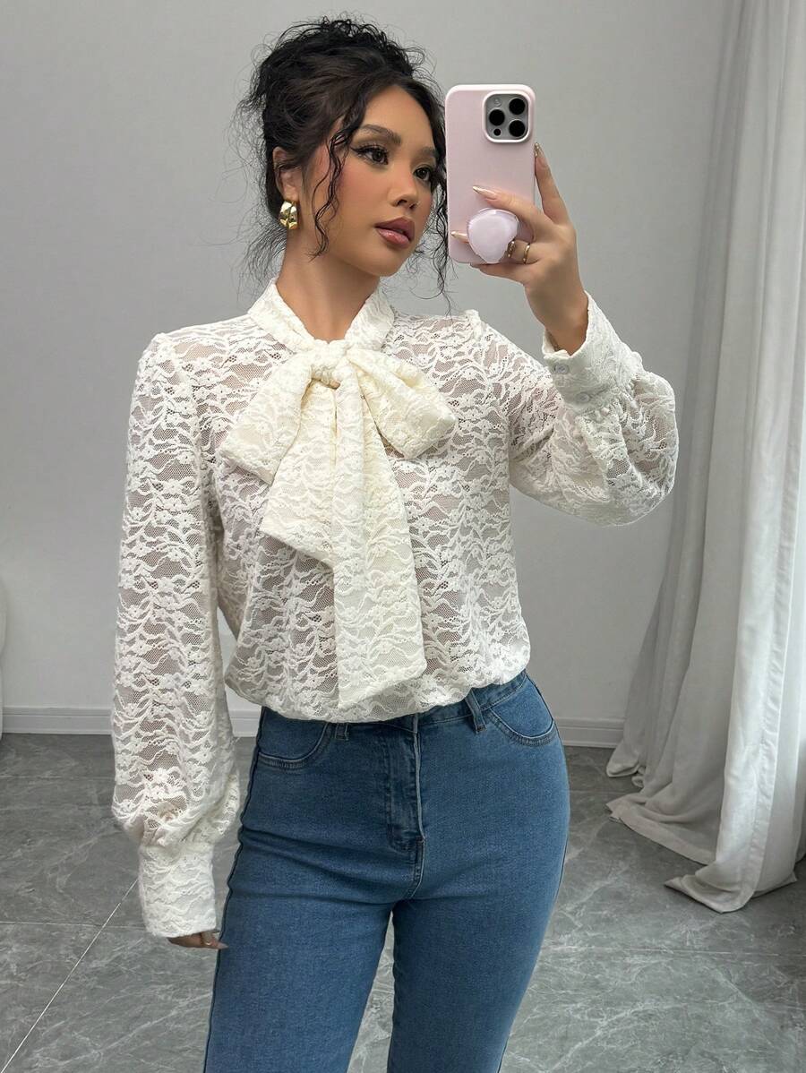 Chiquease 法式优雅纯色蕾丝蝴蝶结长袖女式衬衫，秋冬