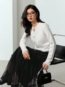 EastFlair 女士纯色前扣长袖休闲衬衫，日常穿着 - 白色 - 查看 4