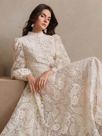 Anewsta Damen Herbst Stehkragen Laternärmel Taillengürtel Transparentes Mesh Kleid mit Blumenstickerei, geeignet für Thanksgiving, Weihnachts-Outfits