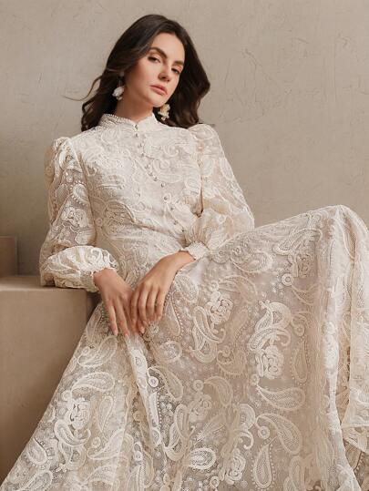 Anewsta Women's Spring Lantern Sleeve Mesh Dress With Floral Embroidery, Elegant For Wedding Guest, Birthday Party