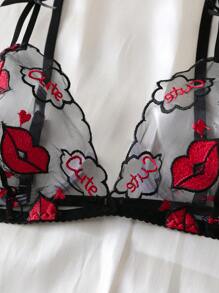 Lip Design Sexy Lingerie Set With Open Crotch, Seductive For Valentine's Day - Red - View 6