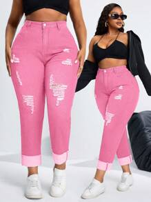 SHEIN SXY Plus Size Stretchy Denim Fashion Sexy Pants - Pink - View 1