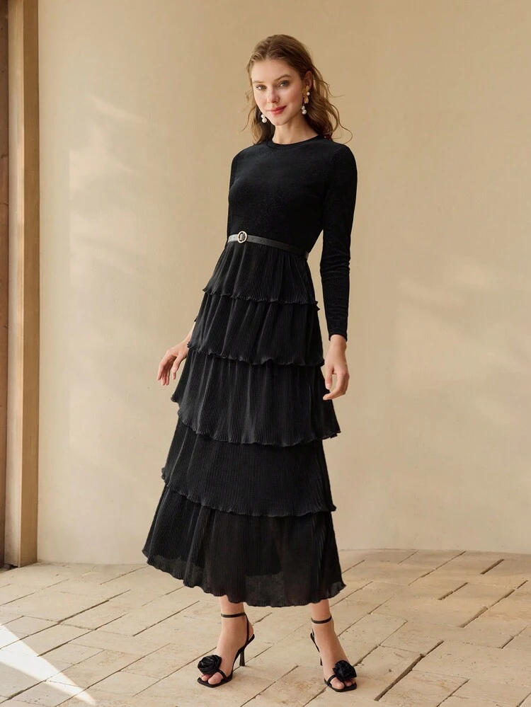 PLEATED RUFFLE LAYERED HEM DRESS