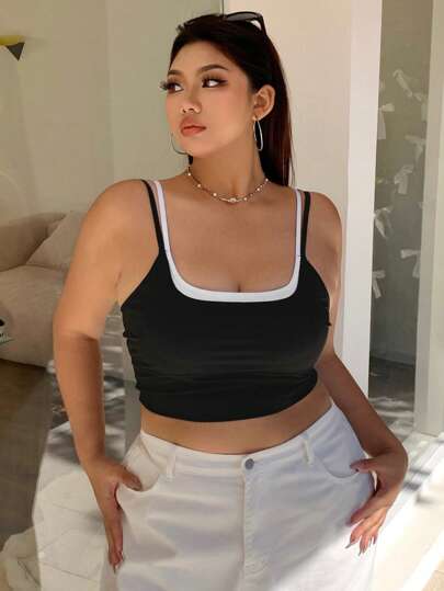 Dazy Petite Plus 撞色拼接短款纯色吊带背心运动休闲上衣，春夏秋季