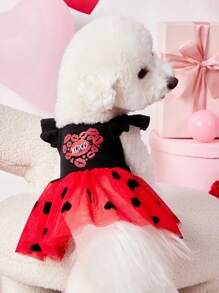 PETSIN 1pc Cute Heart Print & Mesh Contrast Dog Dress, Black With Red Heart, Suitable For Pet Valentine's Day