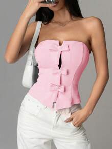 Muchica Women's Fashion Knit Bow Decor Tube Top - Pink - View 1