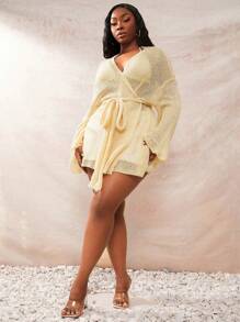 SHEIN SXY Suéter de cárdigan de manga larga de punto con cinturón (incluido el cinturón) para mujer de talla grande, versátil para primavera y otoño - Albaricoque - Ver 5