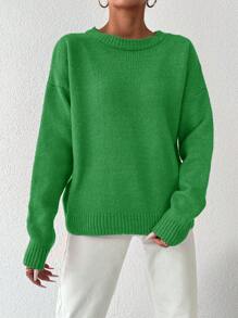 EURMUSE Women's Solid Color Drop Shoulder Sweater - Green - View 5