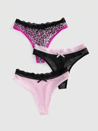 J-Fashion 3 pièces/paquet Culottes à imprimé léopard avec panneaux en maille et dentelle pour femmes style Y2K Goth