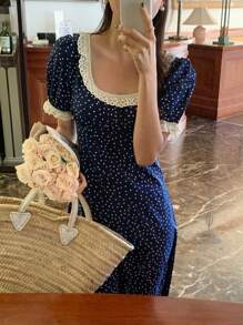 DAZY 女士圆领蕾丝拼接波尔卡圆点中长连衣裙夏季太阳裙，休闲女装 - 藍色 - 查看 2