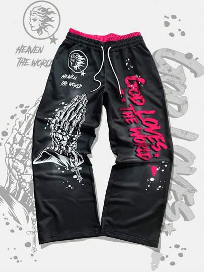 Goth Men's Slogan Print Drawstring Waist Loose Fit Pants