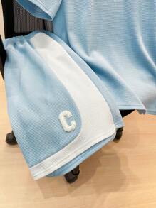 SHEIN 2pcs/Set Teen Boys Casual Short Sleeve Shorts Set, Streetwear Punk Rock School Style Outfit For Daily, Party, Music Festival, Suitable For Spring/Summer, Color Block In Light Blue & White - Blue - View 6