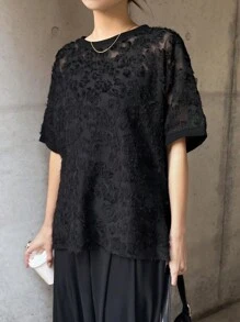 FRIFUL Women's Sheer Lace Loose Fit Round Neck Blouse - Black - View 6
