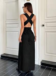 SHEIN EZwear Women's Solid Color V Neck Sleeveless Simple Casual Long Dress - Black - View 1