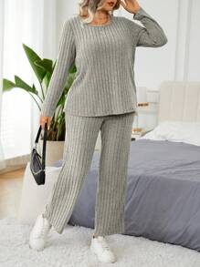 EMERY ROSE Set de 2 piezas con pantalones y top de manga larga acanalado de terciopelo casual con relleno incorporado en el pecho