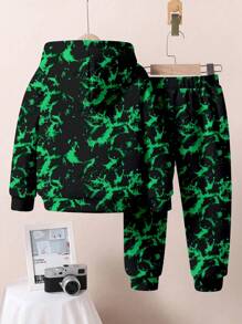 SHEIN Set de 2 piezas para niños pequeños: sudadera con capucha holgada con estampado gráfico y pantalones, estilo deportivo de ocio con estampado de sonrisa malvada