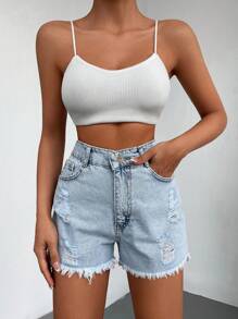 EURMUSE 100%Cotton Ripped Raw Hem Denim Shorts - Light Wash - View 5