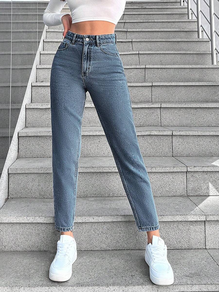 RueChic Zipper Fly Mom Fit Jeans - Blue - View 1