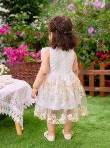 SHEIN Baby And Toddler Girls Cute And Sweet Little Cap Sleeve Round Neck Bow Embroidered Floral Mesh Dress, Fashionable, Suitable For Outdoor Activities, Indoor Events, Birthday Parties, Spring And Summer
