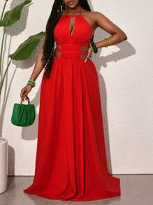 Slaydiva 夏季扎染印花锁眼露背连衣裙 - 紅色 - 查看 7