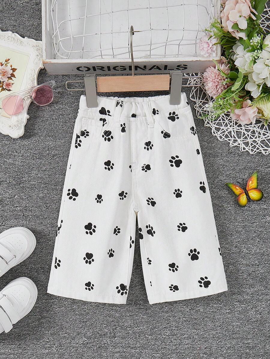 SHEIN Baby Girl Y2K Cute Black Dog Paw Print White Loose Denim Jeans,Kid Girls Spring And Summer Casual Vacation Hobo Wear - White - View 1