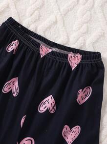 Tween Girl Black Base Heart Letter Print Casual Flame Retardant Long Sleeve Shirt And Pants 2 Pieces Loungewear Set - Royal Blue - View 3