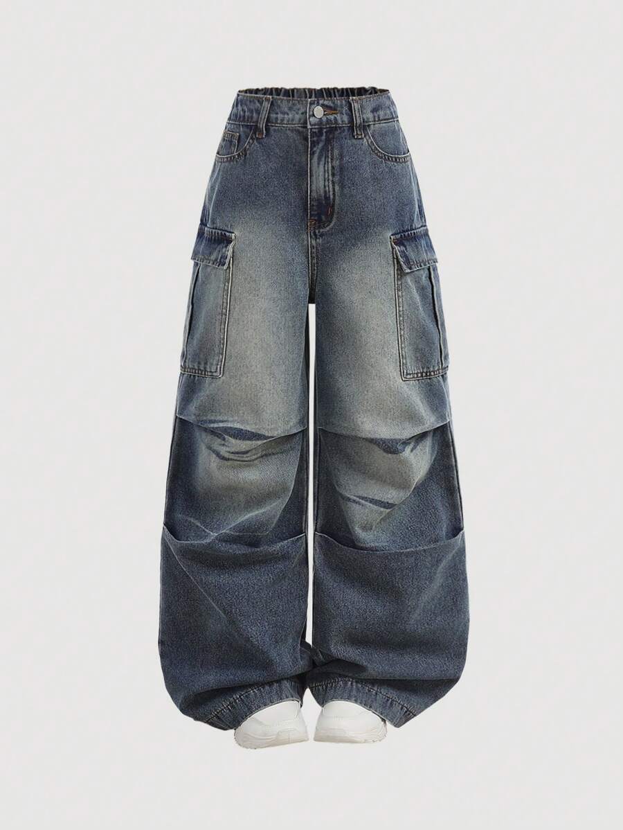 SHEIN Tween Girls' Y2K Fashion Vintage Washed Multi-Pocket Pleated Distressed Cargo Jeans Baggy Wide Leg Pants, Tween Girl Fall Winter Clothes Back To School Streetwear Outfits - Medium Wash - View 1