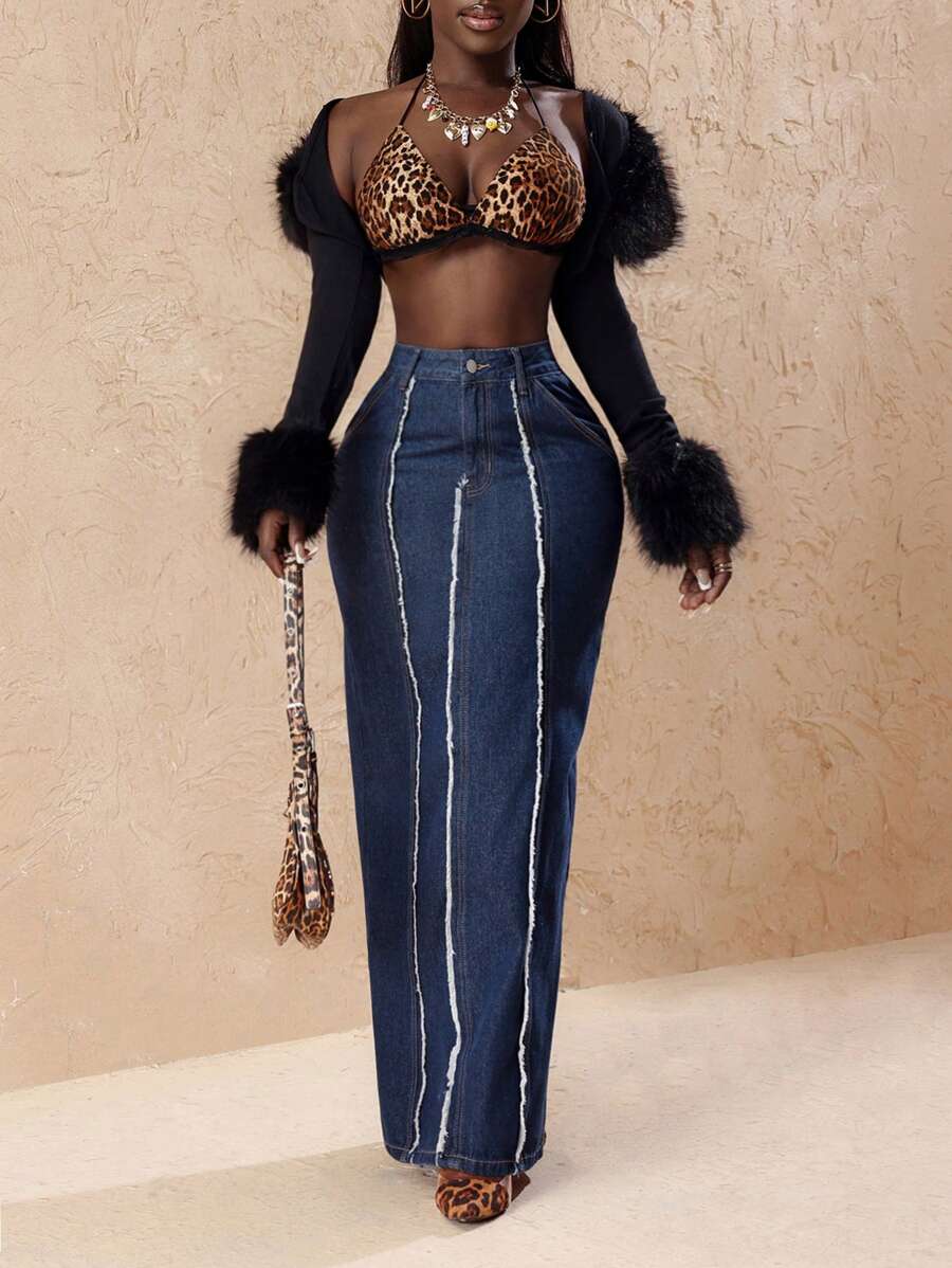 Slaydiva Ladies' Patchwork Raw Hem Fishtail Hem Long Denim Skirt