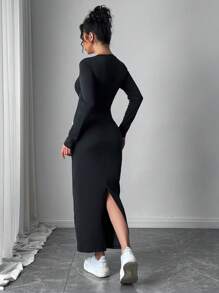 Chiquease 全新 3D 花朵装饰黑色圆领长袖女式连衣裙