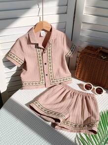 SHEIN Leap Crew 2pcs/Set Baby Boys Casual Cute Drawstring Waist Shirt And Shorts Set, Suitable For Spring & Summer Wear - Khaki - View 9