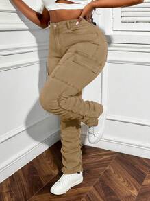 Slaydiva Plus Size Stretchy Stacked Ankle Jeans - Khaki - View 7