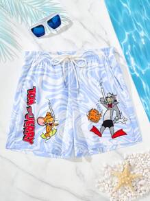 TOM & JERRY X SHEIN Shorts de plage pour hommes avec cordon de serrage à la taille et motif graphique de dessin animé