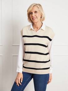 SHEIN LUNE 女士休闲撞色条纹 V 领针织背心 - 彩色 - 查看 5