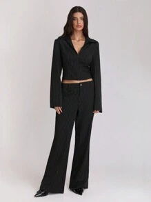 SHEIN Unity 2 Stücke Damen Set aus gestreifter Langarm-Bluse und Hose - Schwarz - Übersicht 3