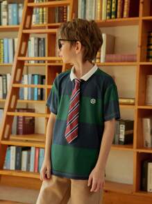 SHEIN Explorewe 2pcs/Set Tween Boys Casual Blue & Green Stripe Polo Shirt + Simple Loose Pants, Spring/Summer School & Outdoor Outfit - Multicolor - View 3