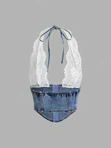 SHEIN ICON Women's Y2k Fashionable Sexy Lace Patchwork Backless Halter Denim Corset Top - Medium Wash - View 9