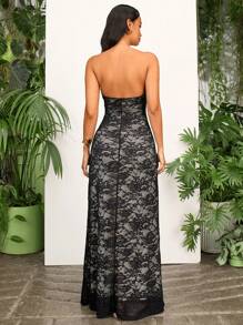 Opulessa 1 件女式纯色蕾丝紧身连衣裙，黑色，适合情人节和度假 - 黑色 - 查看 2