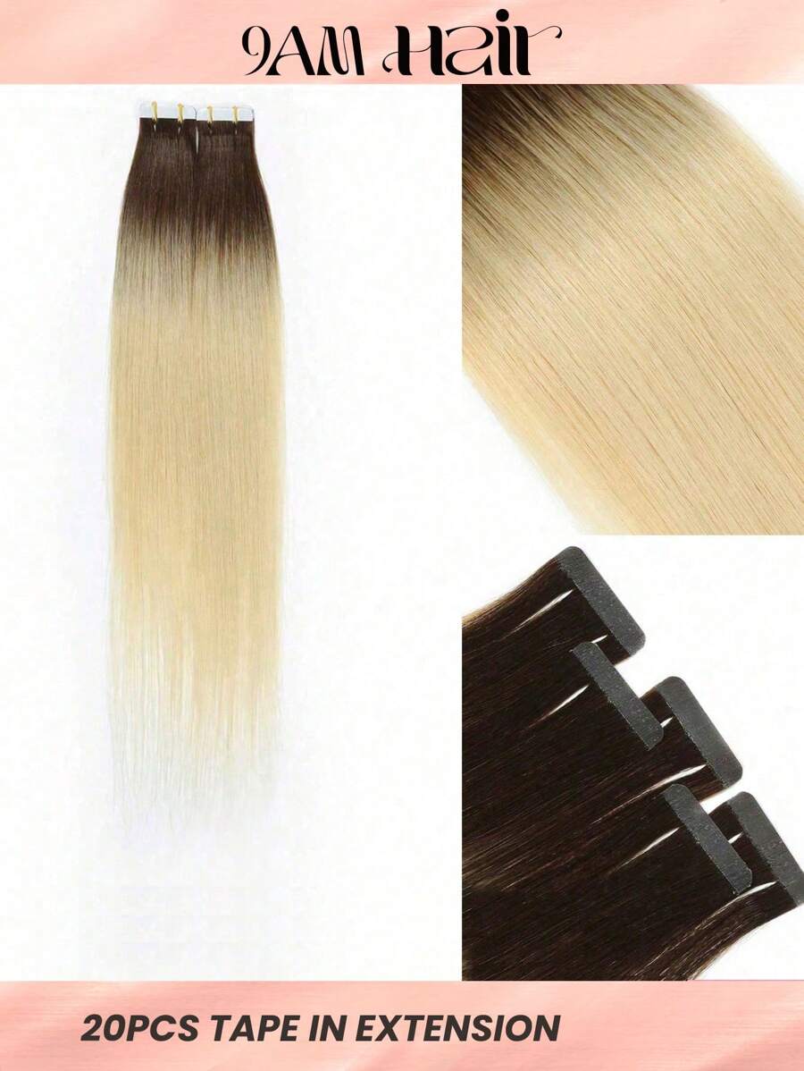 20pcs Tape In Straight Human Hair Extension Real Extension For Women Daily Use Real Easy Wear Natural Looking Ombre Color Tape In Hair Tape Ins Hair Extensions - S2/3/613 - View 1