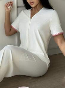 2pcs/Set Women Casual Contrast Trim Loungewear Set Outfit - Multicolor - View 7