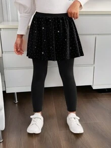 SHEIN Leap Crew 女童/年轻女孩优雅天鹅绒水钻装饰紧身裤，适合日常穿着 - 黑色 - 查看 4