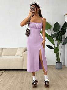 SHEIN EZwear Women's Solid Color Pleated Knit High Slit Spaghetti Strap Lilac Dress - Lilac Purple - View 4