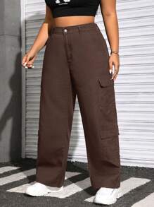 Solflare Plus Size Women's Cargo Pocket Wide Leg Casual Jeans
