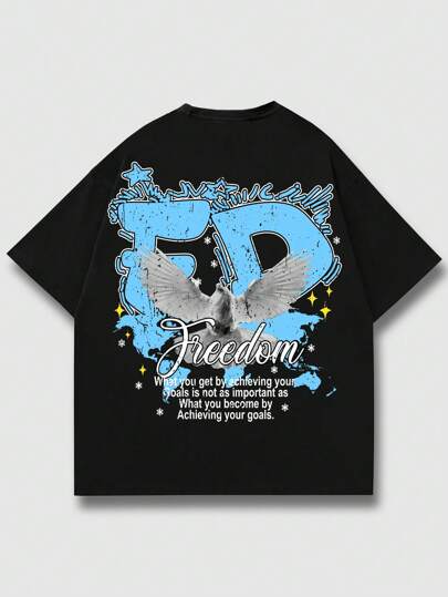 Street Life Herren Slogan & Tauben Muster Rundhals Kurzarm Lässig T-Shirt